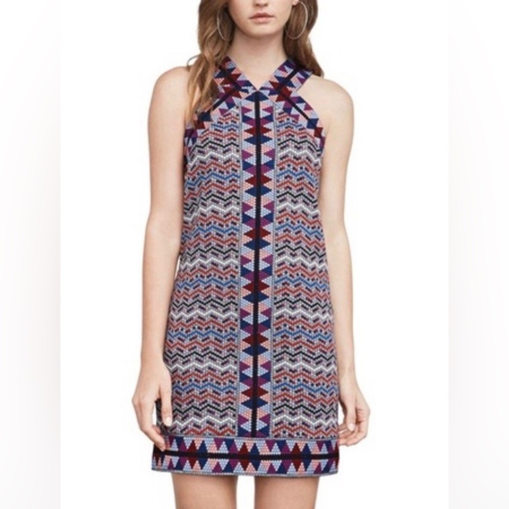 BCBGMaxAzria Dress Womens XS Multi-color Sleeveless Halter Jacquard Woven Sheath